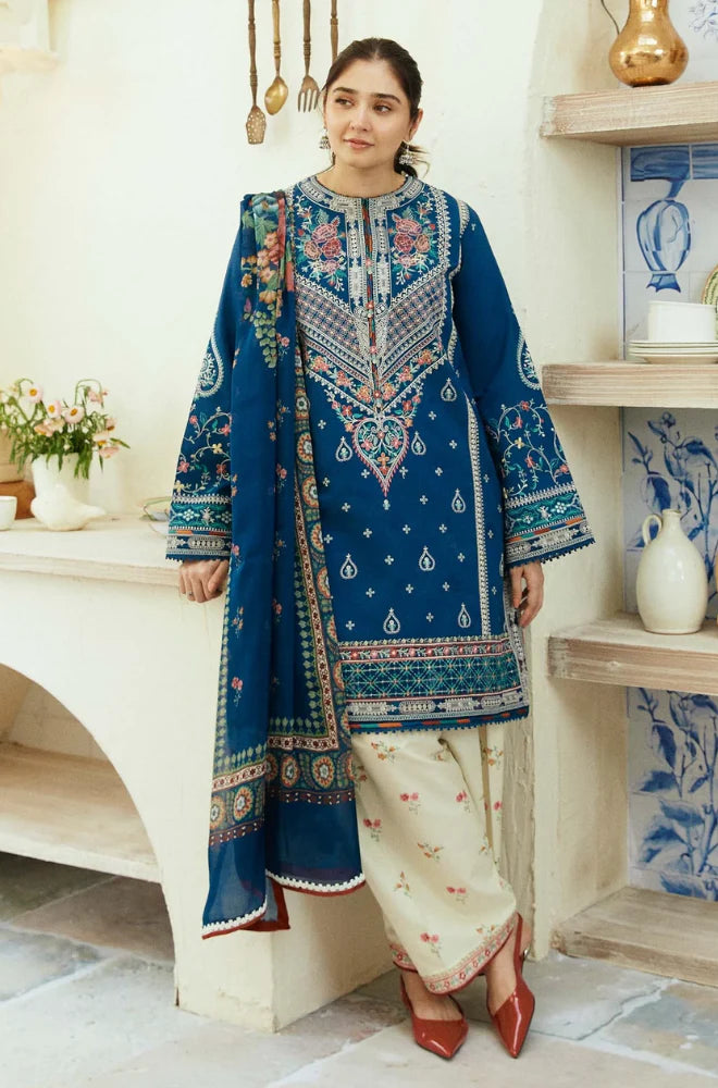 ZS 50L-3 Piece - Unstitched Fully Embroided Lawn Fabric With Printed Poly Lawn Dupatta