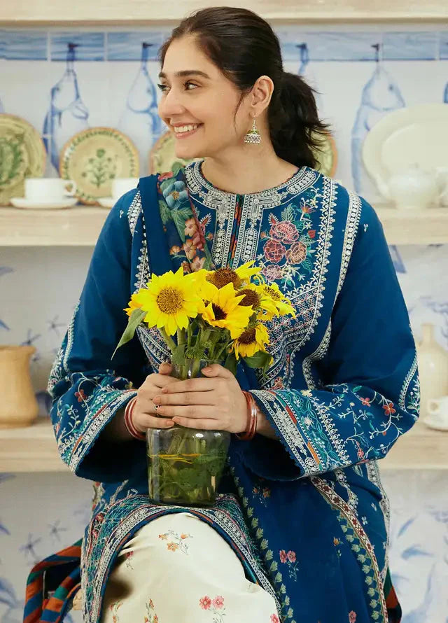 ZS 50L-3 Piece - Unstitched Fully Embroided Lawn Fabric With Printed Poly Lawn Dupatta