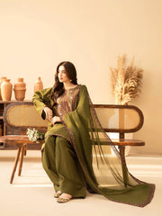 BT 2960-3 Piece Unstitched Heavy Embroidered Dhanak Suit ( Dhanak Embroidered Shawl )