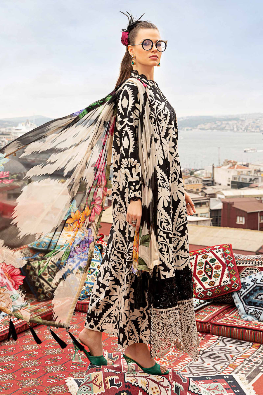 3 Pcs Digital Printed Lawn Shirt Trouser and Dupatta with Embroidered Patches
