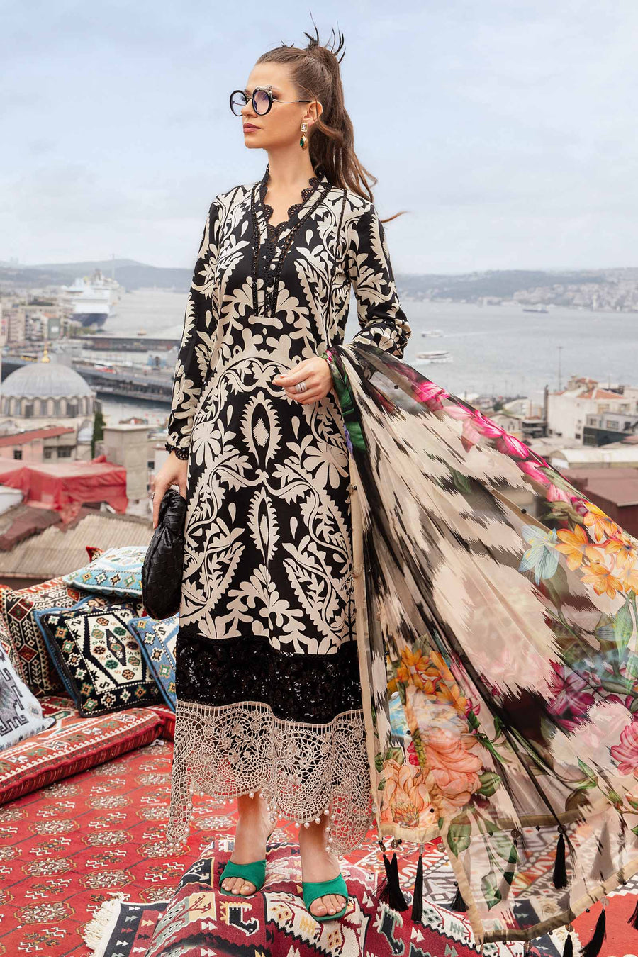 3 Pcs Digital Printed Lawn Shirt Trouser and Dupatta with Embroidered Patches