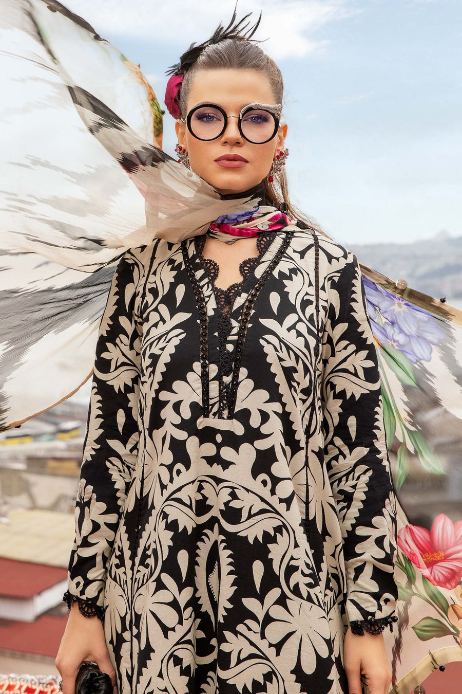 3 Pcs Digital Printed Lawn Shirt Trouser and Dupatta with Embroidered Patches