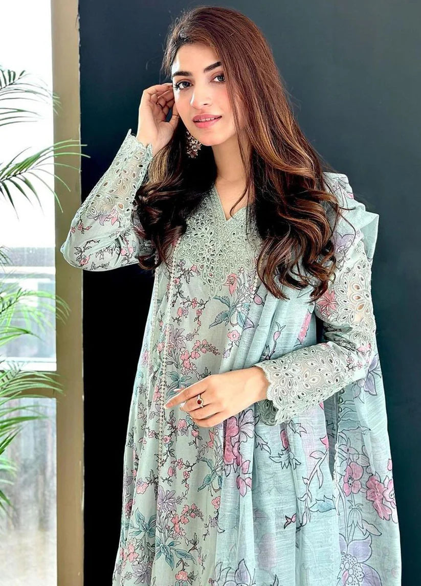 3 Pcs Digital Printed Lawn Shirt Trouser and Dupatta with Embroidered Patches