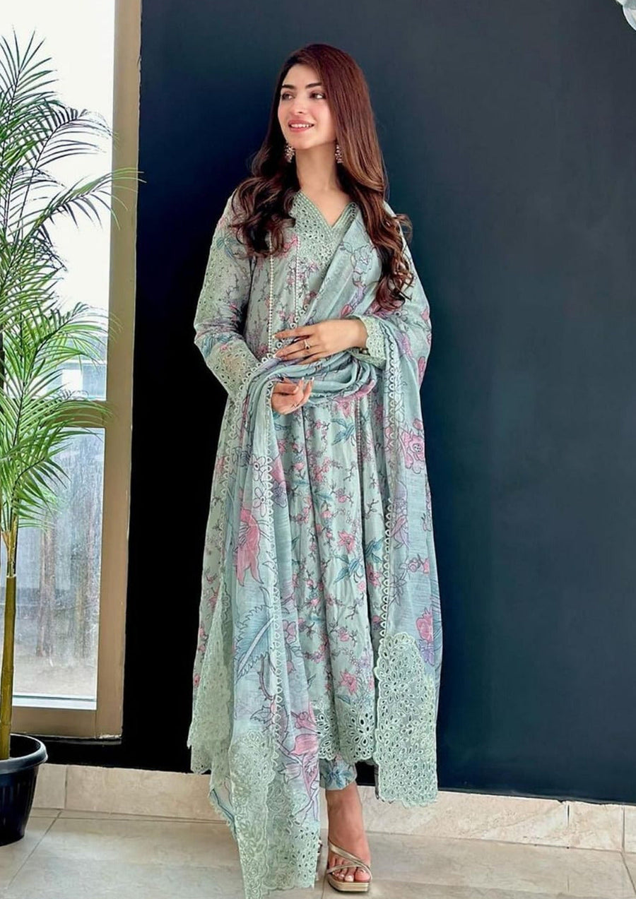 3 Pcs Digital Printed Lawn Shirt Trouser and Dupatta with Embroidered Patches