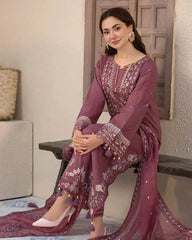 3 Piece Unstitched Heavy Embroidered Lawn Suit ( Four-sided Embroidered Chiffon Dupatta ) QL-2850