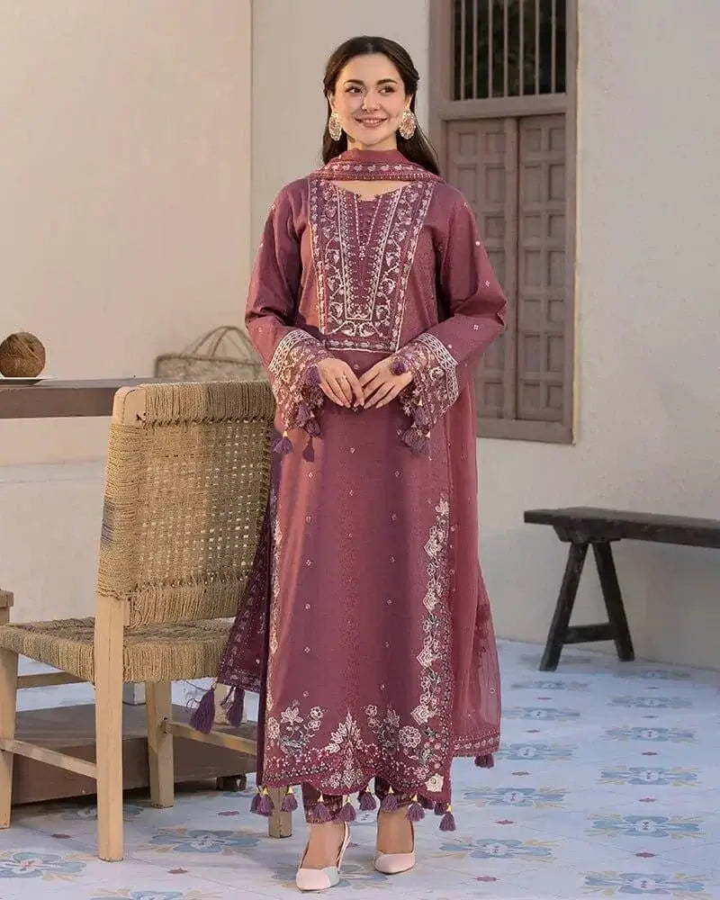 3 Piece Unstitched Heavy Embroidered Lawn Suit ( Four-sided Embroidered Chiffon Dupatta ) QL-2850