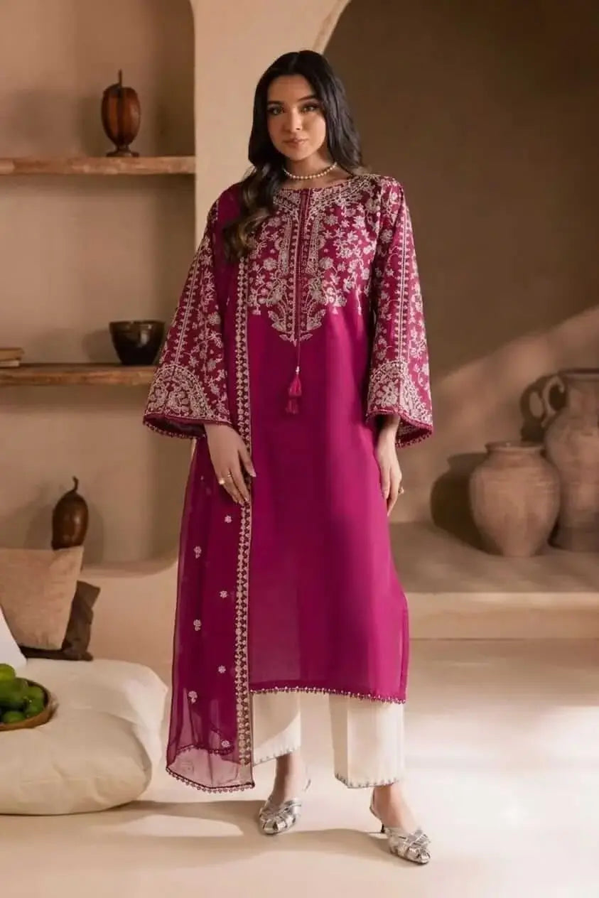 3 Piece Unstitched Heavy Embroidered Lawn Suit ( Full Embroidered Chiffon Dupatta ) BT-2835 P