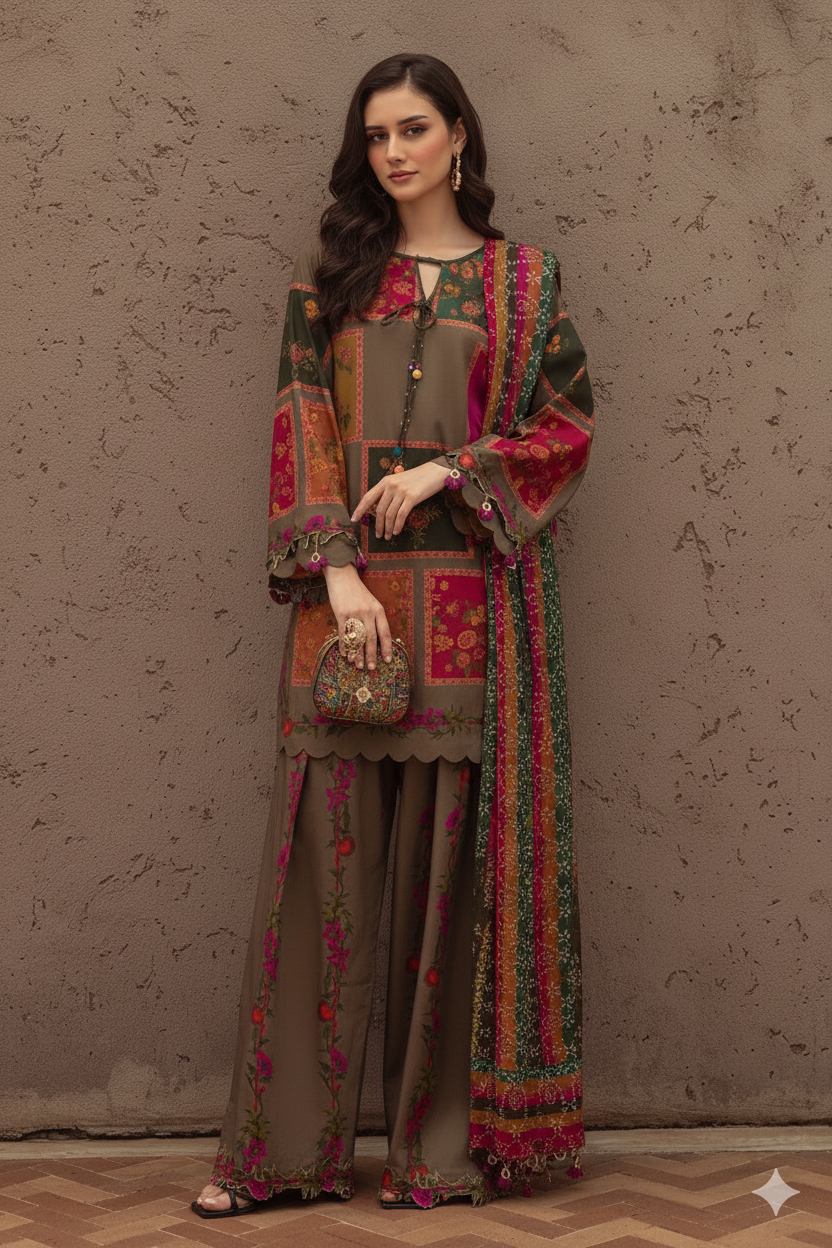 3 Piece - Unstitched Digital Printed Khaddar Fabric CH-78