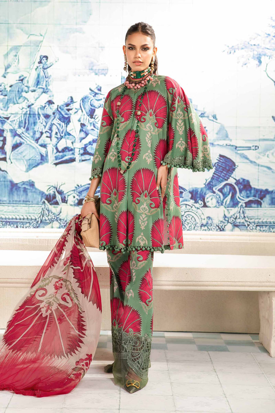 3 Piece - Unstitched Digital Printed Lawn Fabric With Embroided Laces