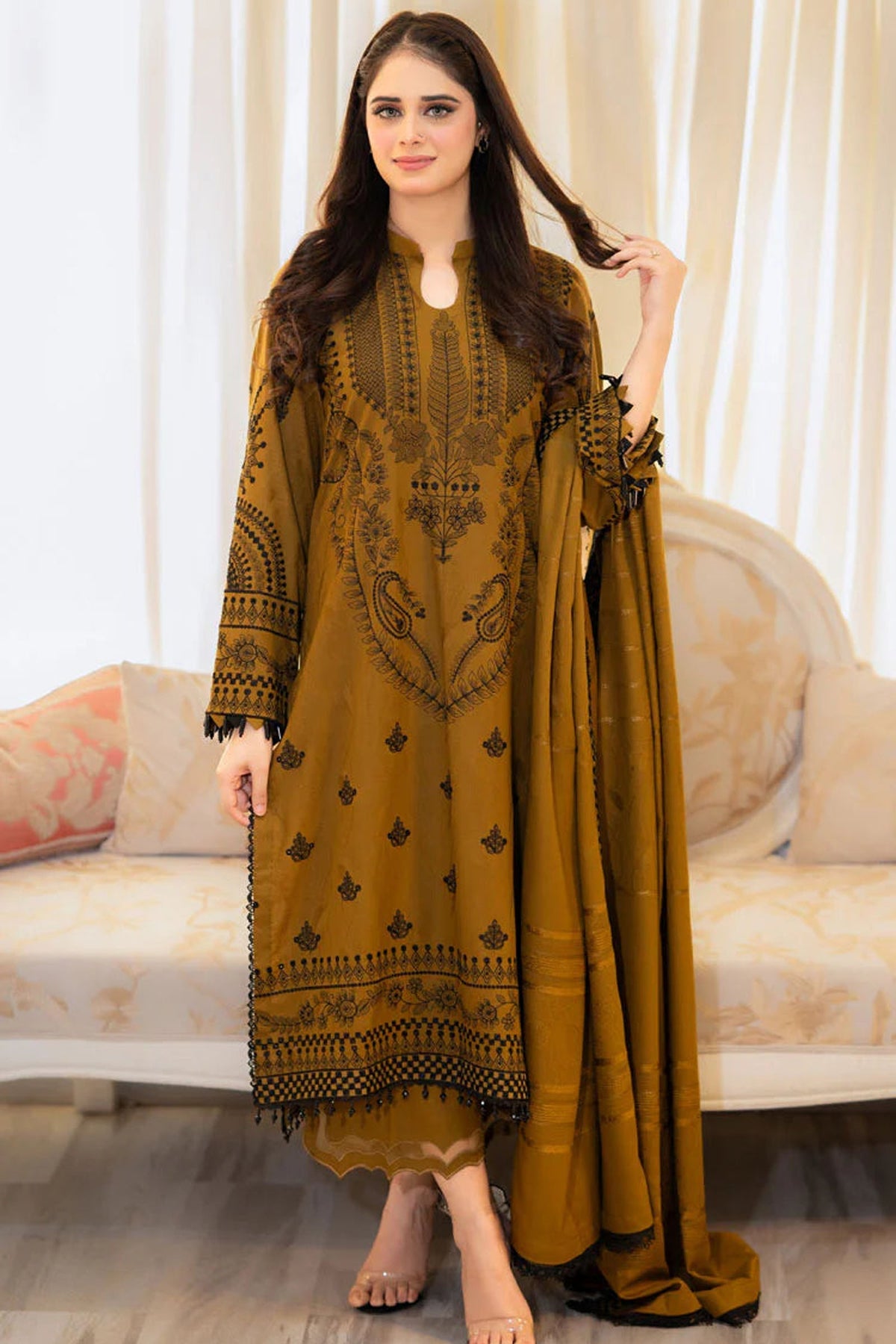 3 Piece - Unstitched Fully Embroidered Dhanak Fabric MB-100