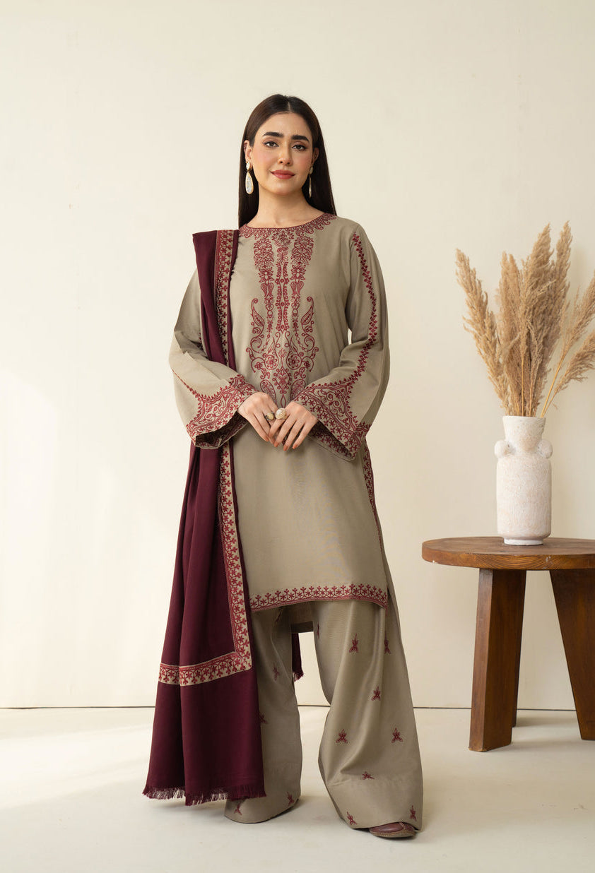 3 Piece - Unstitched Fully Embroidered Dhanak Fabric KD-910