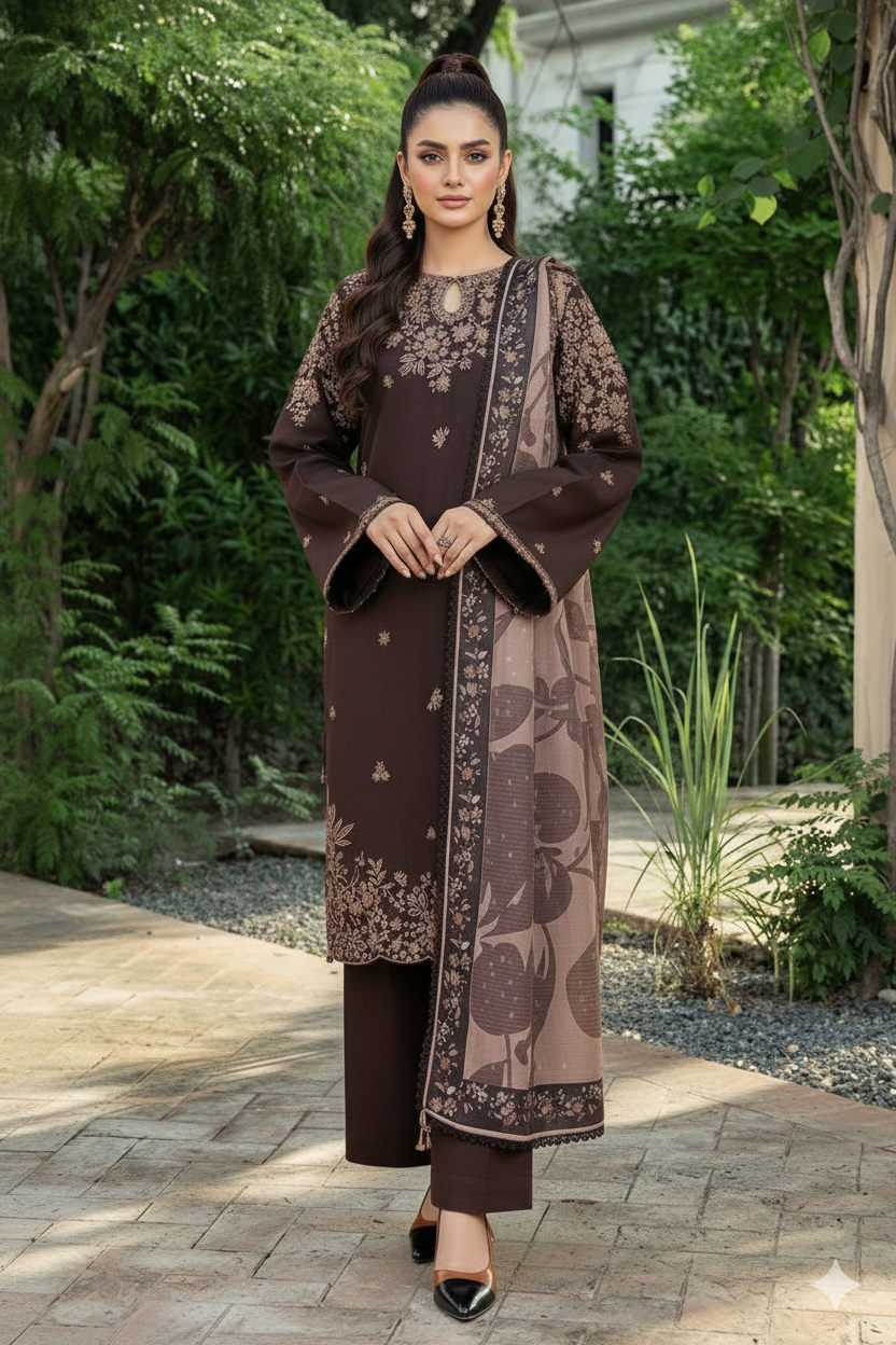 3 Piece - Unstitched Fully Embroidered Dhanak Fabric BQ-140