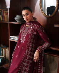 CR 2970-3 Piece Unstitched Heavy Embroidered Dhanak Suit ( Dhanak Embroidered Shawl )