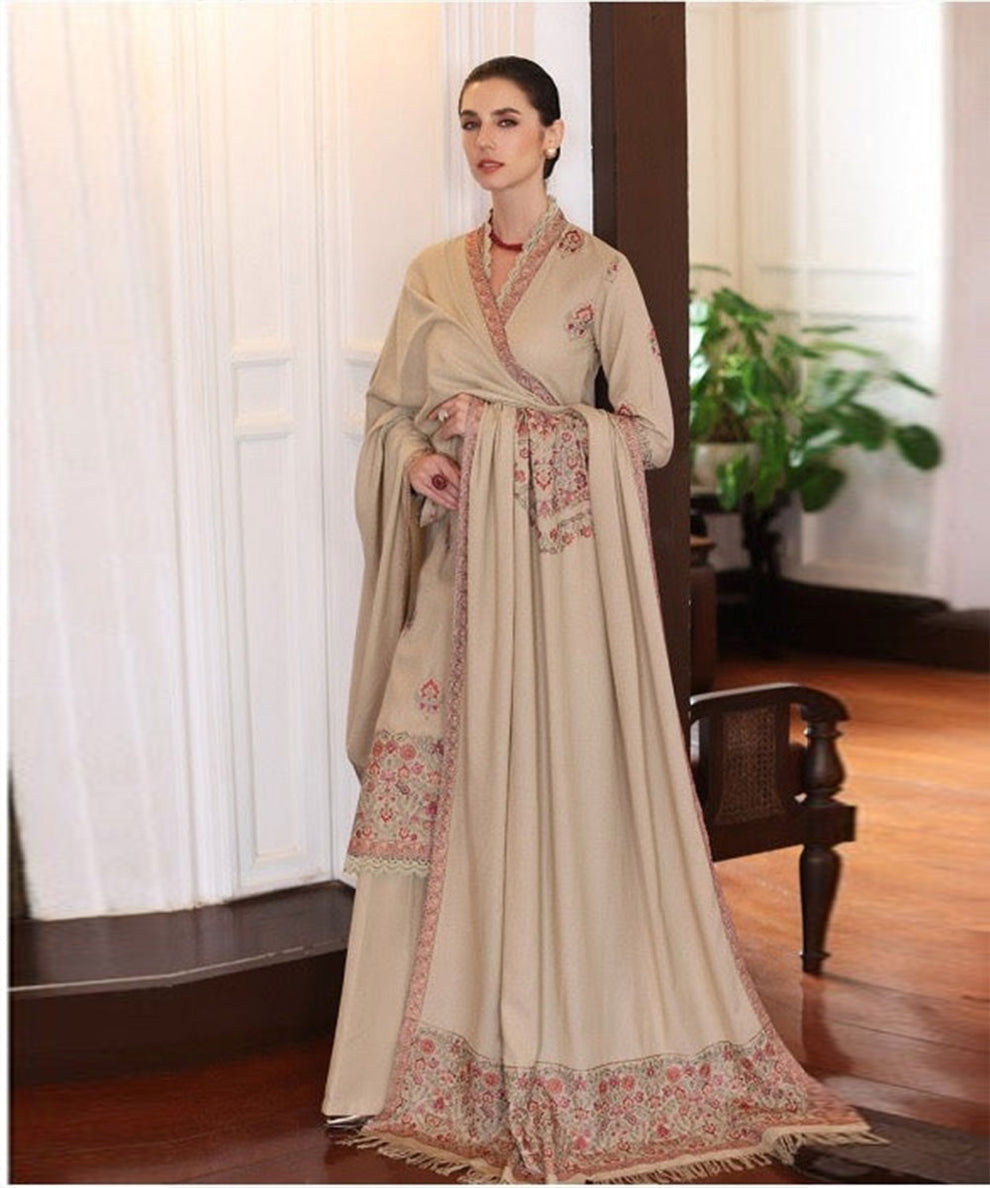 3 Piece - Unstitched Fully Embroided Dhanak Fabric With Embroided Shawl BR-660