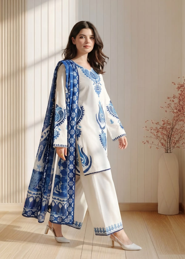 LM 3015-Dhanak Fabric 3 Piece Unstitched (Digital Printed Shawl)