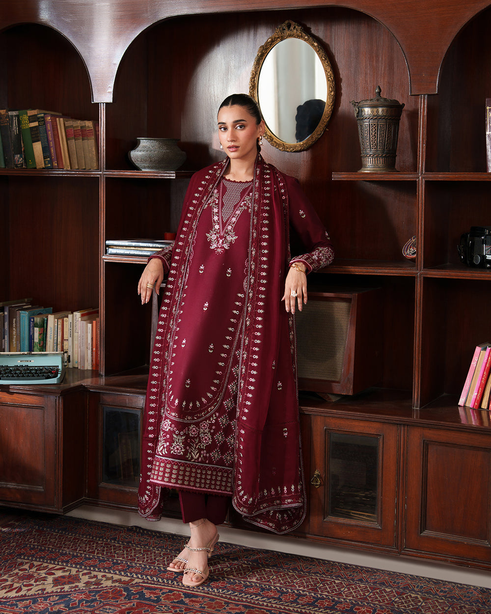 CR 2970-3 Piece Unstitched Heavy Embroidered Dhanak Suit ( Dhanak Embroidered Shawl )